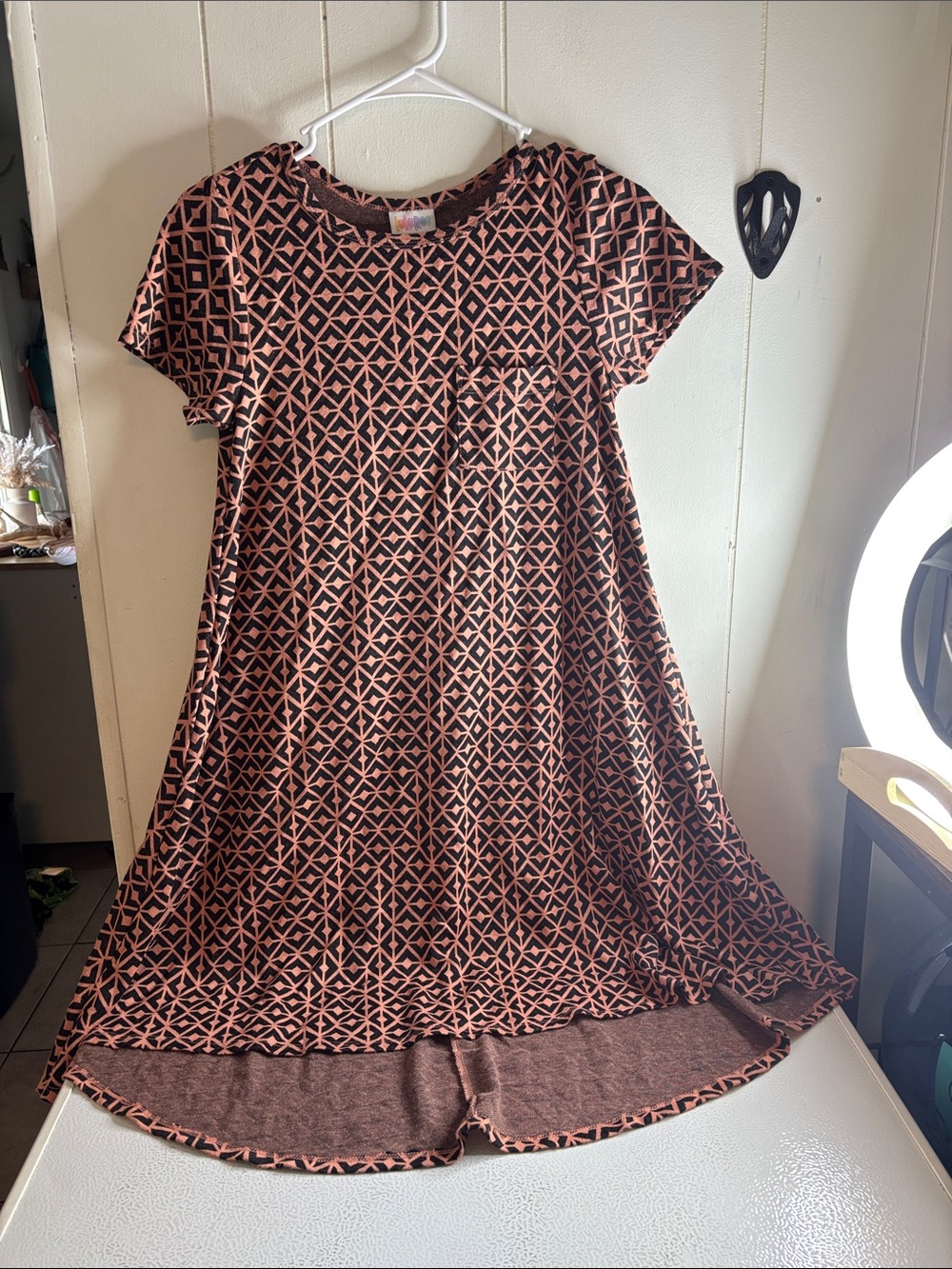 408 - LuLaRoe Geometric Midi Dress in Rust and Black